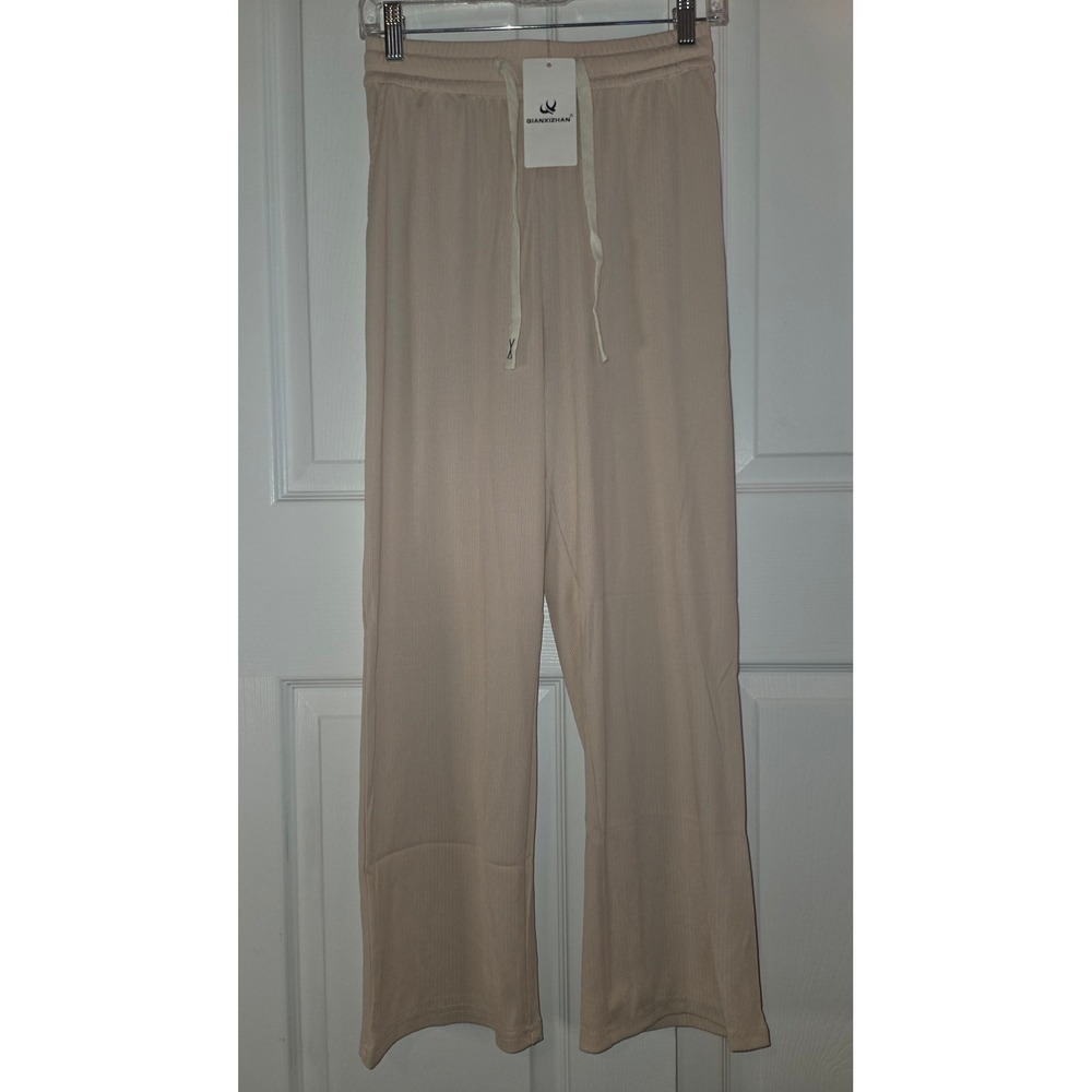 Qianxizhan Womens Beige Ribbed Knit Wide Leg Lounge Pants Drawstring Size‎ S NEW